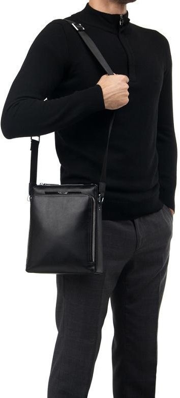 Классическая черная кожаная мужская сумка через плечо Tiding Bag (15906)