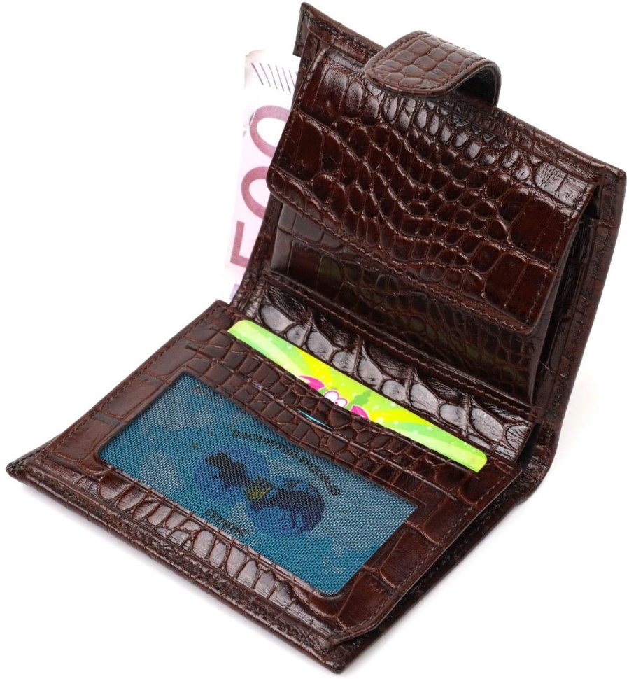 Коричневий чоловічий гаманець середнього розміру з натуральної шкіри з тисненням під крокодила BOND (2422003)