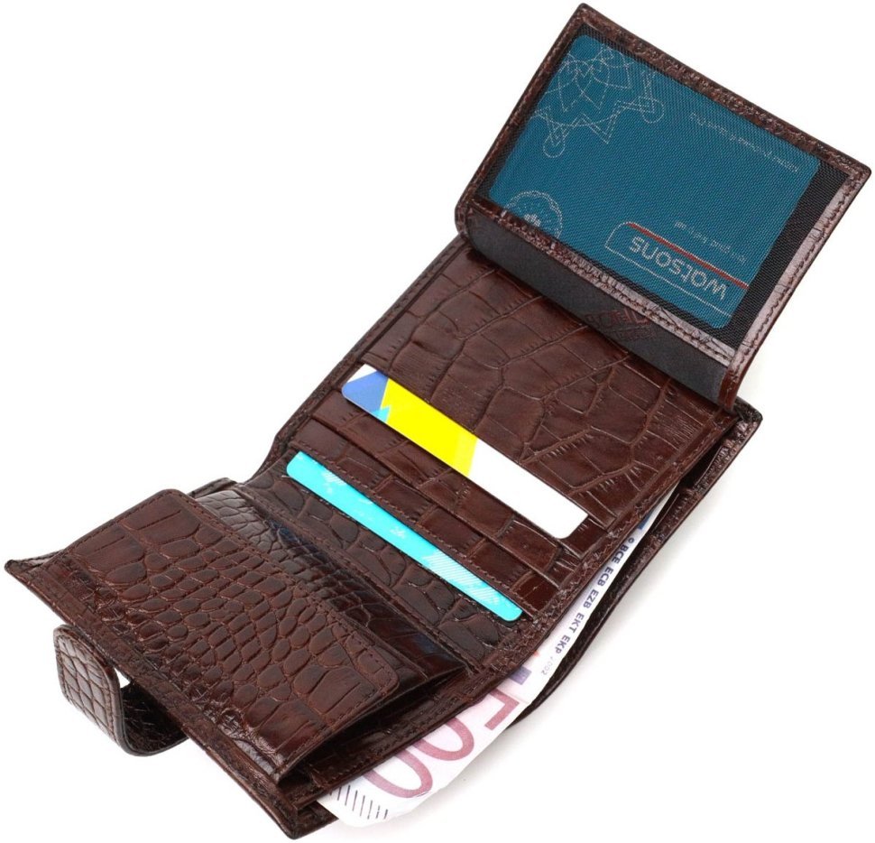 Коричневый мужской бумажник среднего размера из натуральной кожи с тиснением под крокодила BOND (2422003)
