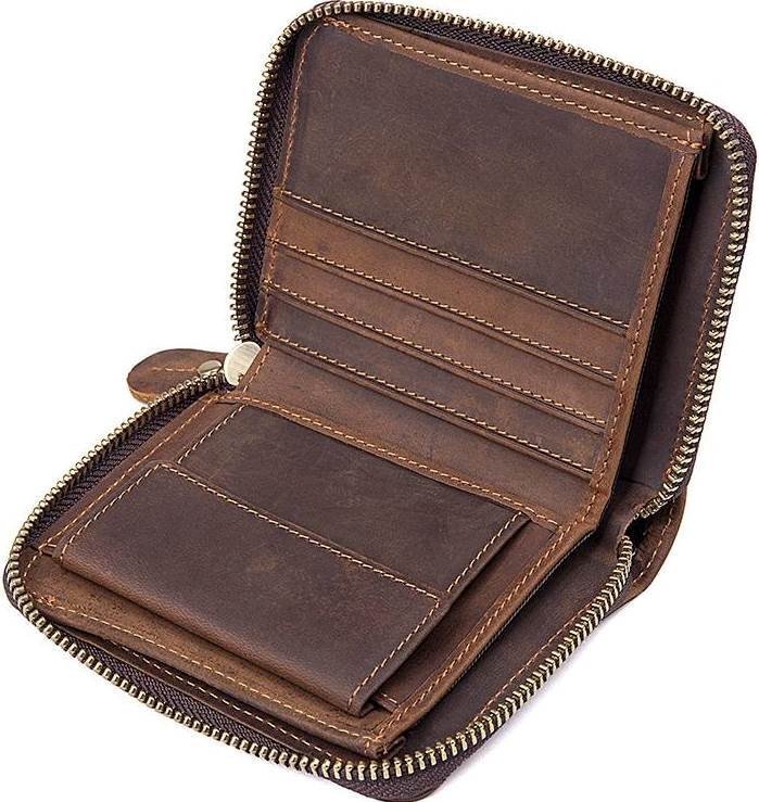 Коричневый мужской кошелек из натуральной кожи под винтаж на молнии Vintage (14535)