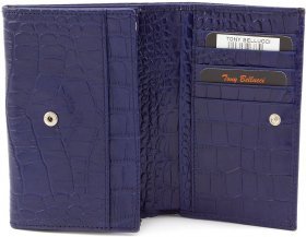 Яскравий гаманець синього кольору з натуральної шкіри на кнопаке Tony Bellucci (10763) - 2