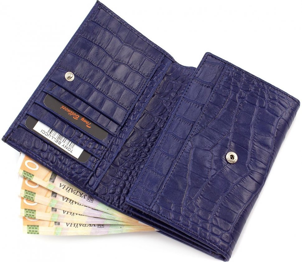 Яркий кошелек синего цвета из натуральной кожи на кнопаке Tony Bellucci (10763)