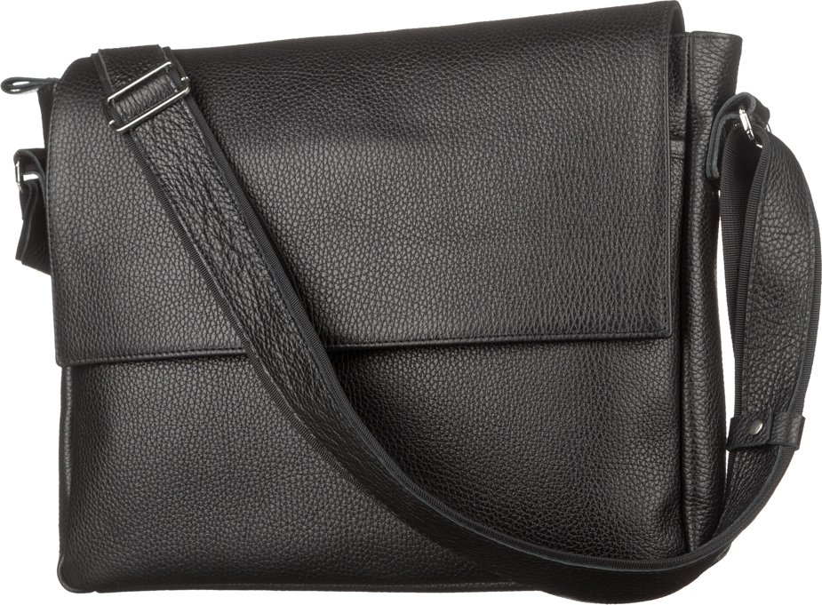 Большая качественная мужская сумка-мессенджер из зернистой кожи черного цвета SHVIGEL (11043)