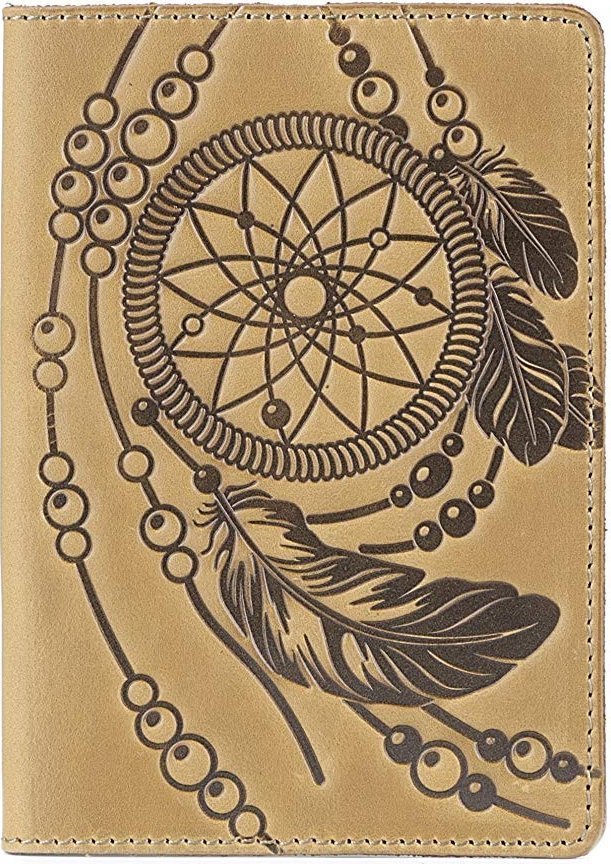 Шкіряна обкладинка на паспорт у кольорі кемел із малюнком SHVIGEL (2415303)