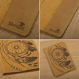 Шкіряна обкладинка на паспорт у кольорі кемел із малюнком SHVIGEL (2415303)