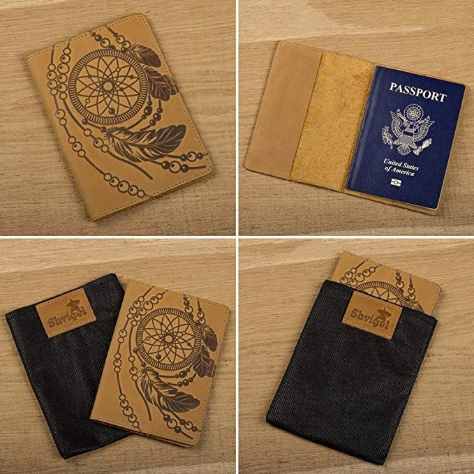 Шкіряна обкладинка на паспорт у кольорі кемел із малюнком SHVIGEL (2415303)