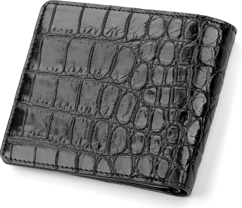 Солідне чоловіче портмоне з натуральної крокодилячої шкіри чорного кольору CROCODILE LEATHER (024-18045)
