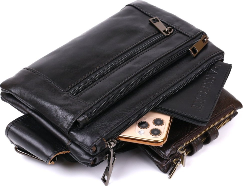 Мужская сумка на пояс из натуральной кожи черного цвета Vintage (2420474)