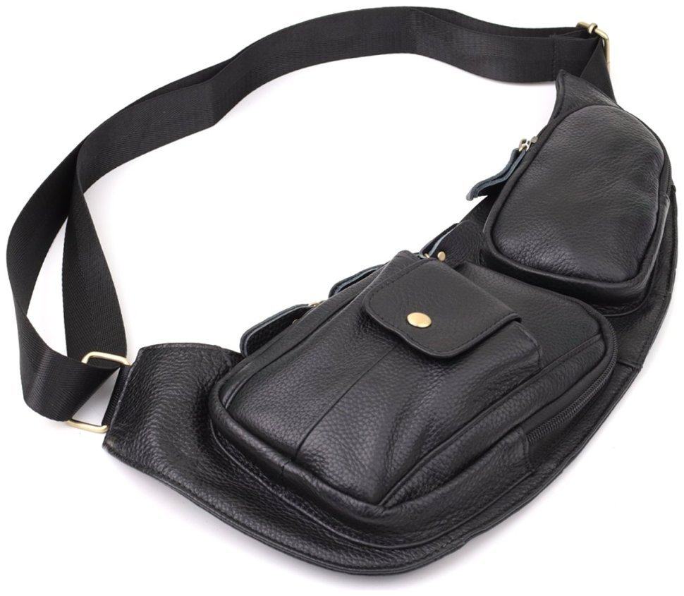 Большая мужская сумка слинг из качественной кожи черного цвета Vintage 98120 modnotak фото №6