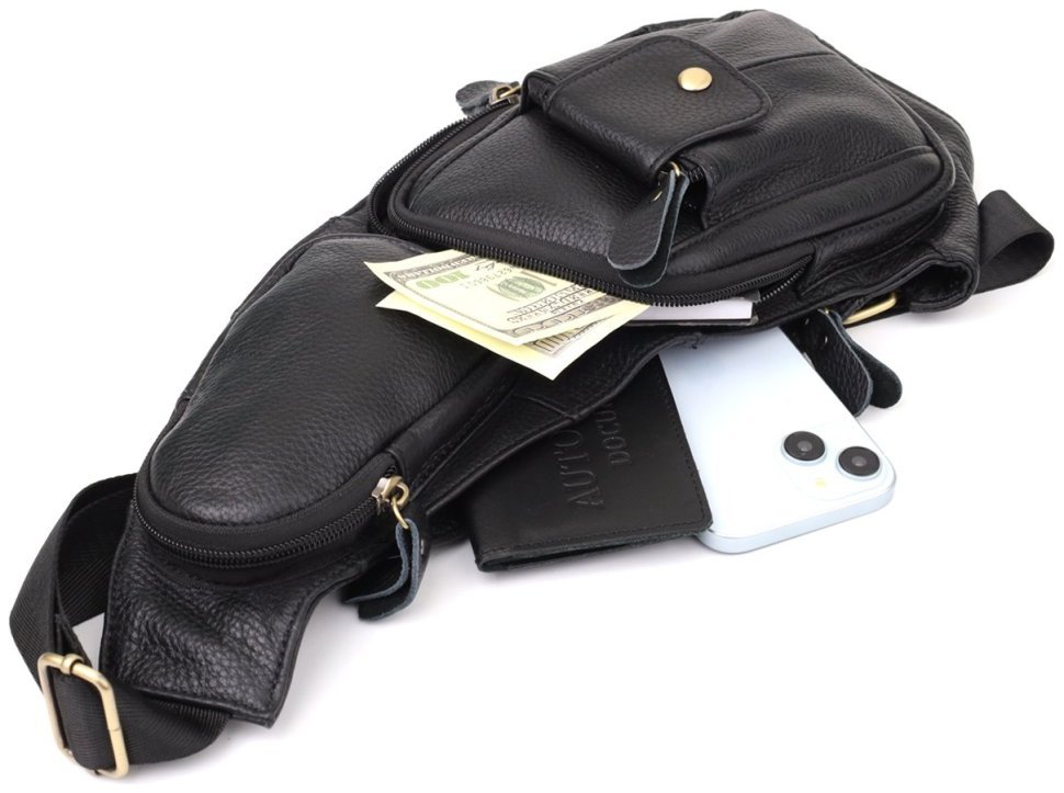 Большая мужская сумка слинг из качественной кожи черного цвета Vintage 98120 modnotak фото №7