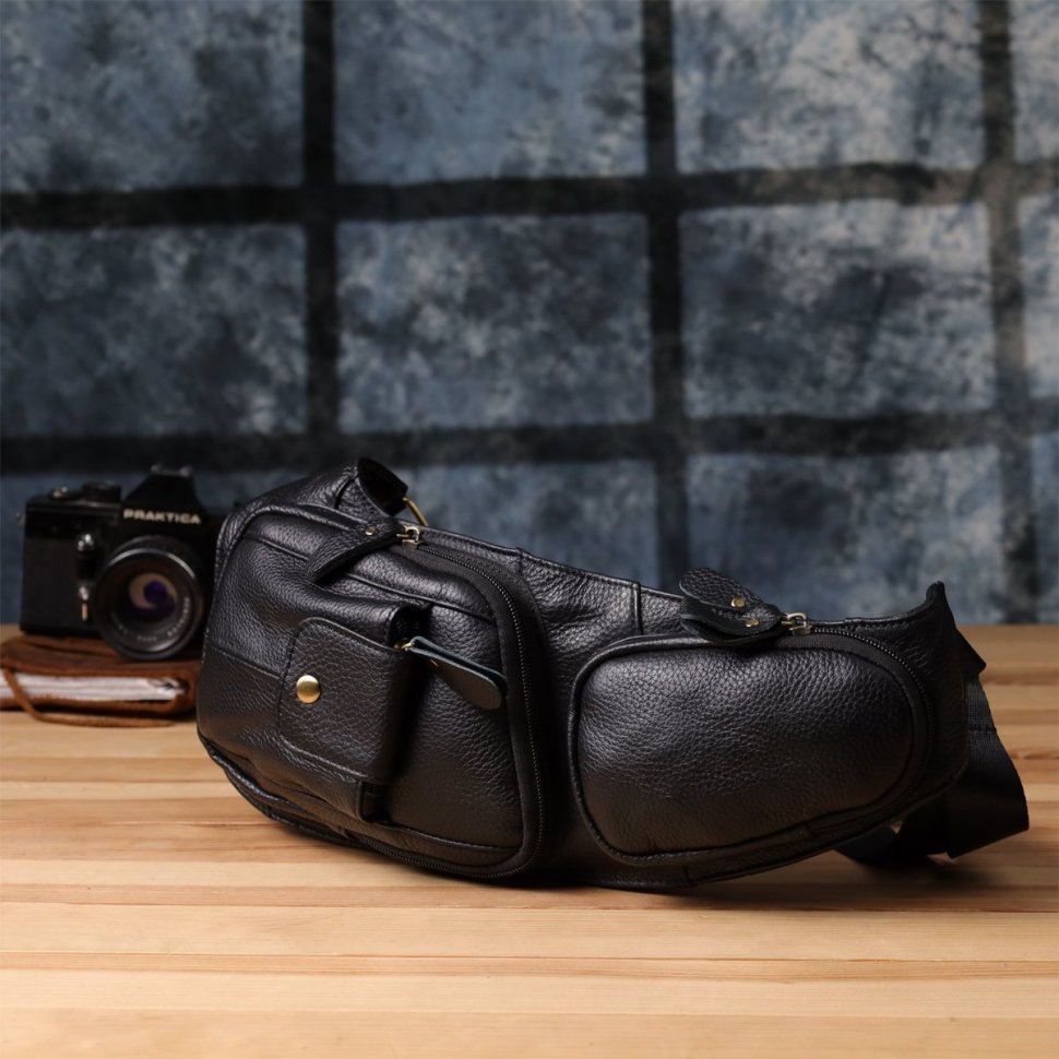 Большая мужская сумка слинг из качественной кожи черного цвета Vintage 98120 modnotak фото №9