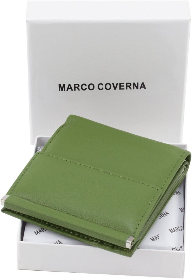 Невеликий шкіряний жіночий гаманець оливкового кольору на кнопці Marco Coverna 68620