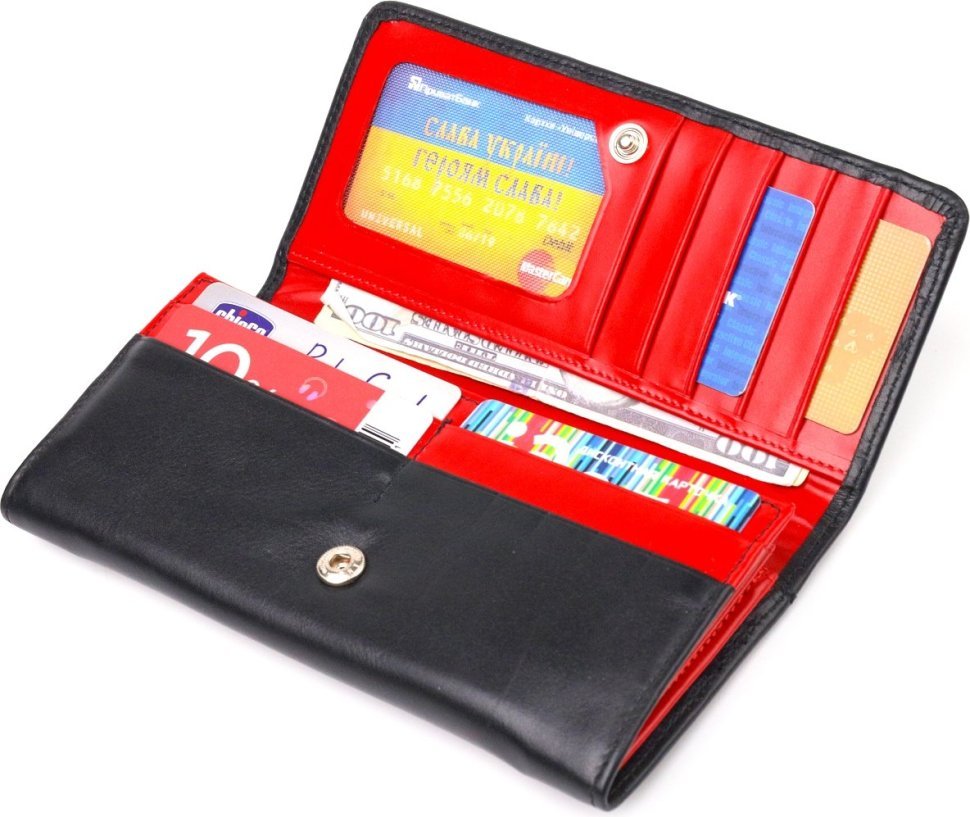 Чорно-червоний жіночий гаманець із натуральної гладкої шкіри з клапаном на кнопці CANPELLINI (2421611)