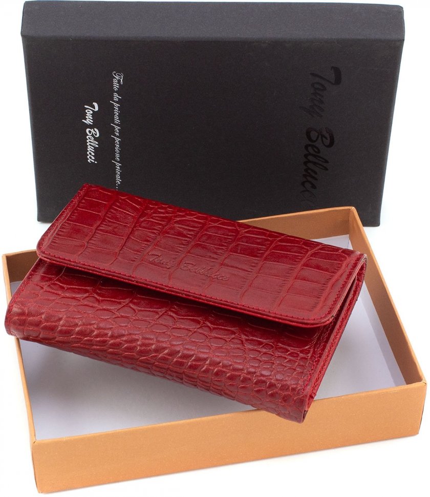 Повсякденний шкіряний жіночий гаманець червоного кольору з тисненням Tony Bellucci (10839)