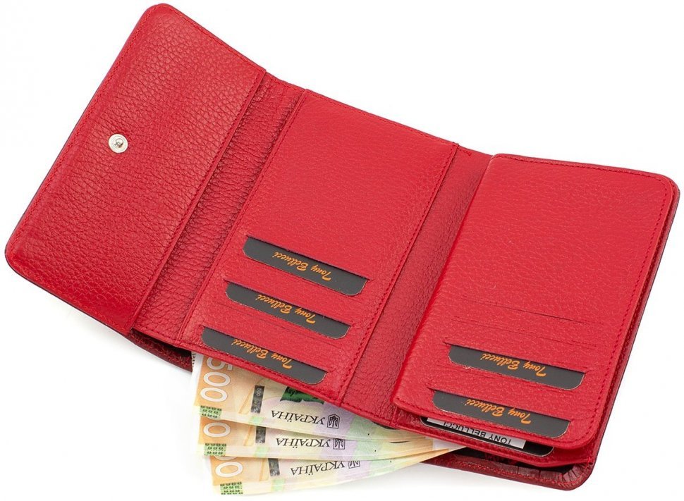 Повседневный кожаный женский кошелек красного цвета с тиснением Tony Bellucci (10839)