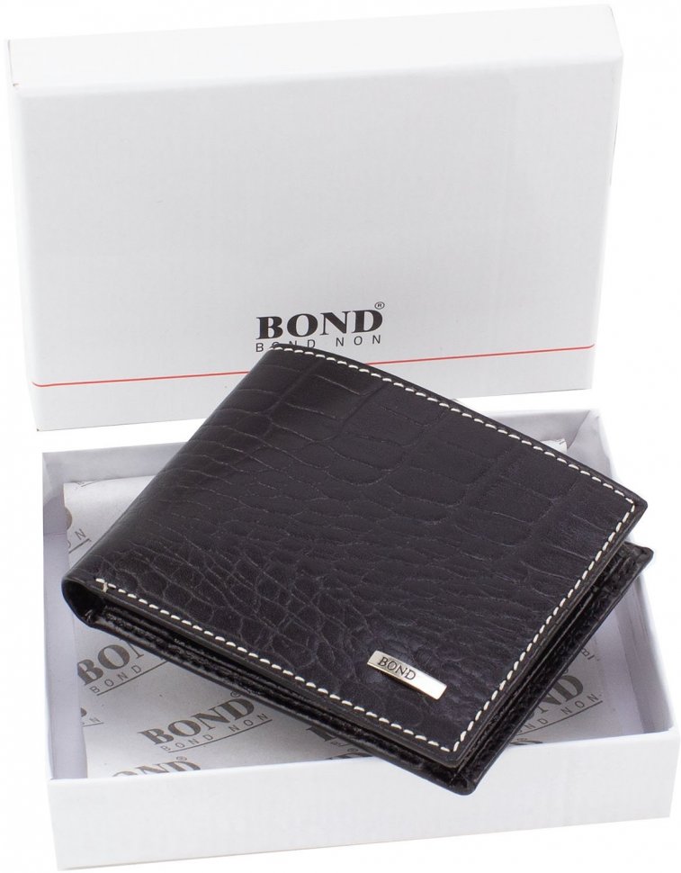 Черное мужское портмоне из натуральной кожи с белой строчкой Bond Non (10891)