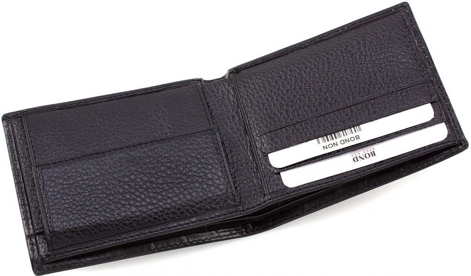 Чорне чоловіче портмоне з натуральної шкіри з білою строчкою Bond Non (10891)