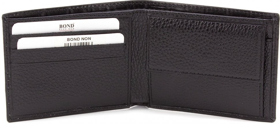 Чорне чоловіче портмоне з натуральної шкіри з білою строчкою Bond Non (10891)