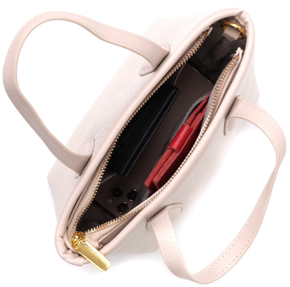 Компактна жіноча сумка з натуральної шкіри молочного кольору з ручками Vintage 2422284