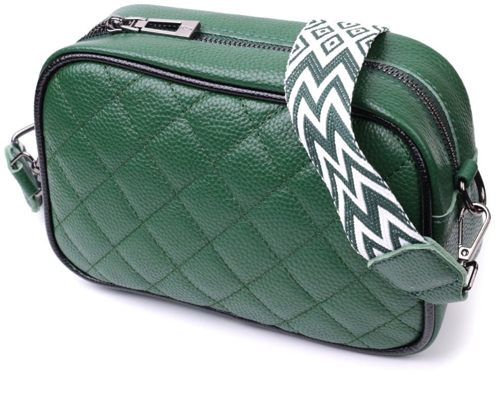 Зелена жіноча сумка з натуральної шкіри з текстильним ремінцем на плече Vintage 2422384