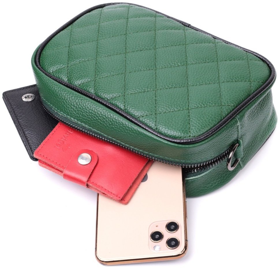 Зеленая женская сумка из натуральной кожи с текстильным ремешком на плечо Vintage 2422384