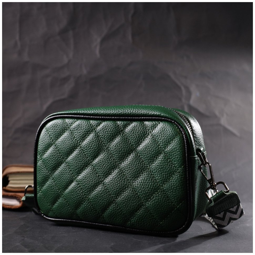 Зеленая женская сумка из натуральной кожи с текстильным ремешком на плечо Vintage 2422384