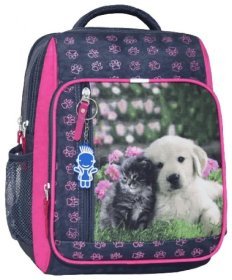 Школьный рюкзак для девочек, ортопедический серого цвета с принтом котенка и щенка Bagland 111421