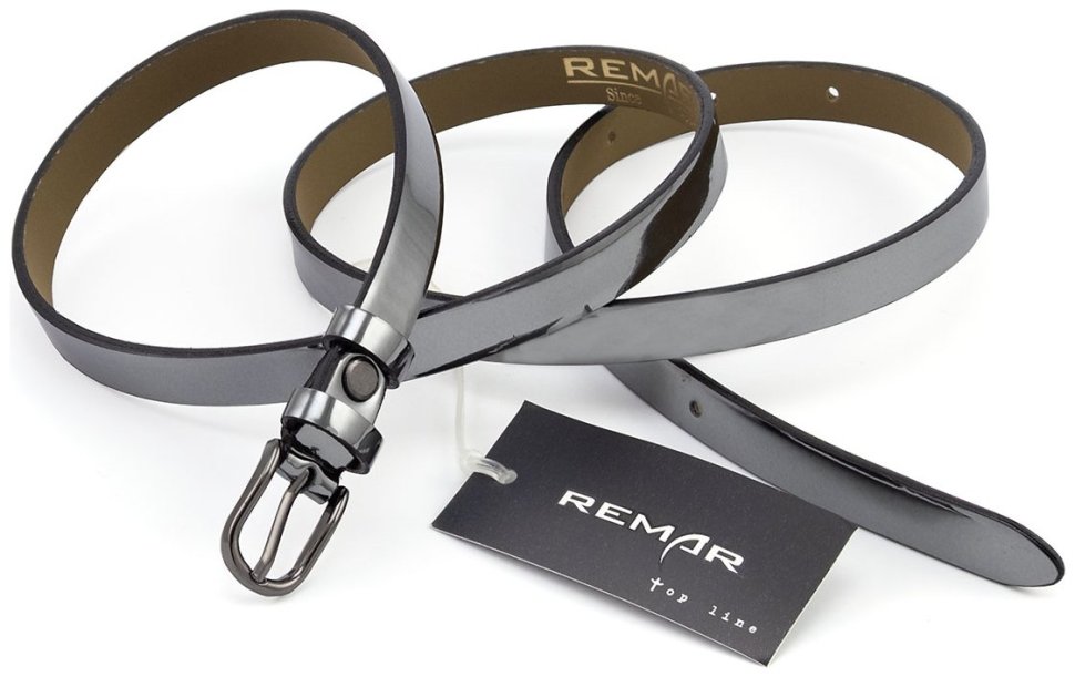 Тонкий женский кожаный лаковый ремень в цвете темное серебро Remar 15139 фото №3 Тонкий женский кожаный лаковый ремень в цвете темное серебро Remar 15139 modnotak фото №3