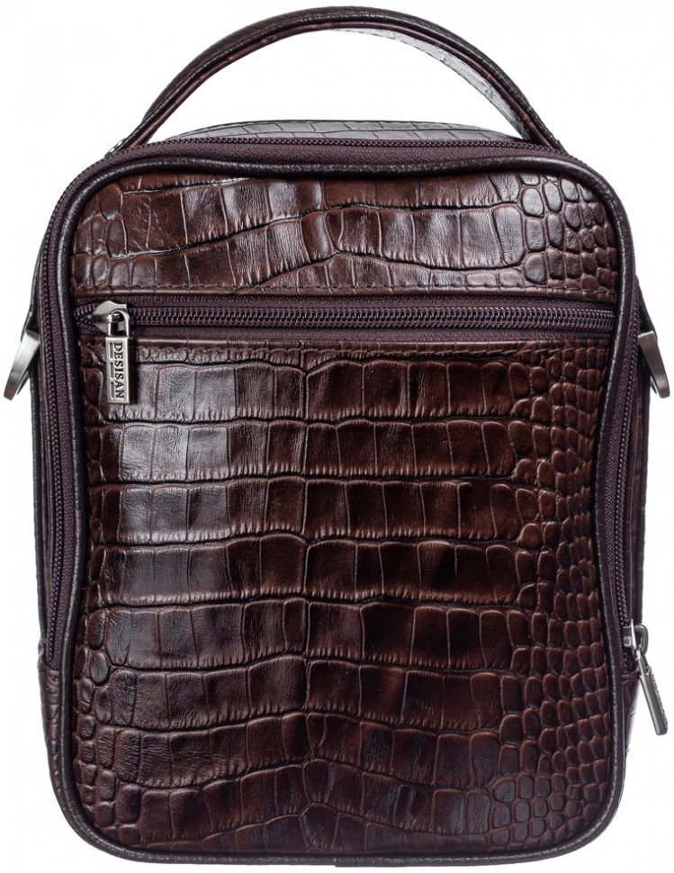 Мужская сумка-барсетка компактного размера из темно-коричневой кожи под крокодила DESISAN (3022-19)
