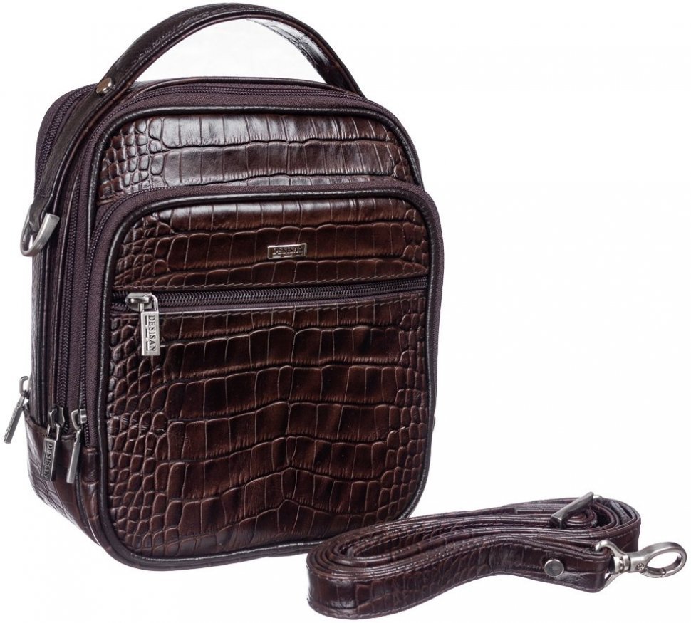 Чоловіча сумка-барсетка компактного розміру з темно-коричневої шкіри під крокодила DESISAN (3022-19)