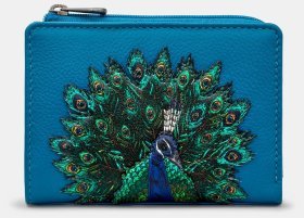 Жіночий шкіряний гаманець на кнопці з монетницею Yoshi Y1275 синій з принтом павича 95521