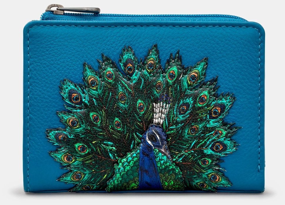 Женский кожаный кошелек на кнопке с монетницей Yoshi Y1275 синий с принтом павлина 95521 modnotak фото №1