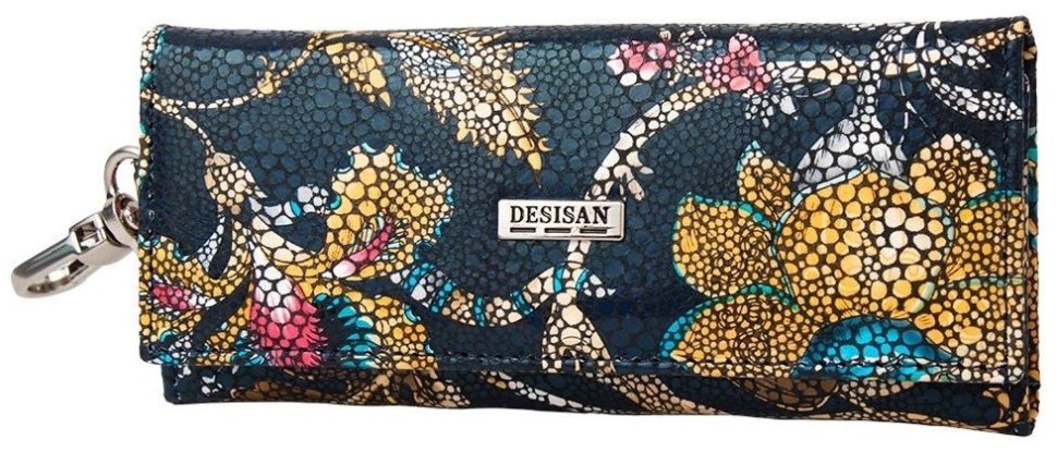 Кожаная ключница на кнопке синего цвета с цветочными узорами Desisan 107821 фото №3 Кожаная ключница на кнопке синего цвета с цветочными узорами Desisan 107821 modnotak фото №3