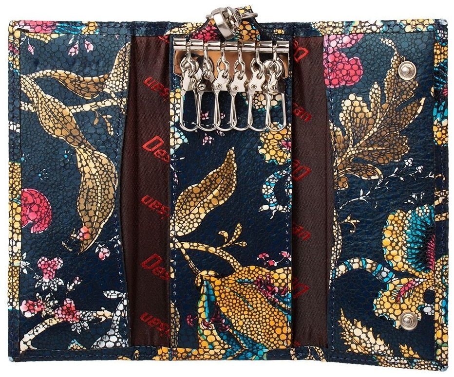 Кожаная ключница на кнопке синего цвета с цветочными узорами Desisan 107821 фото №4 Кожаная ключница на кнопке синего цвета с цветочными узорами Desisan 107821 modnotak фото №4