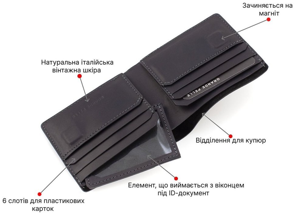 Мужское портмоне из черной кожи крейзи хорс на магнитах Grande Pelle 67821 modnotak фото №4