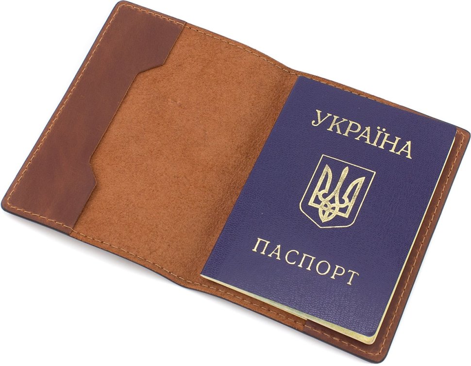 Коричневая кожаная обложка для паспорта с надписью З Україною в серці - Grande Pelle (13188)