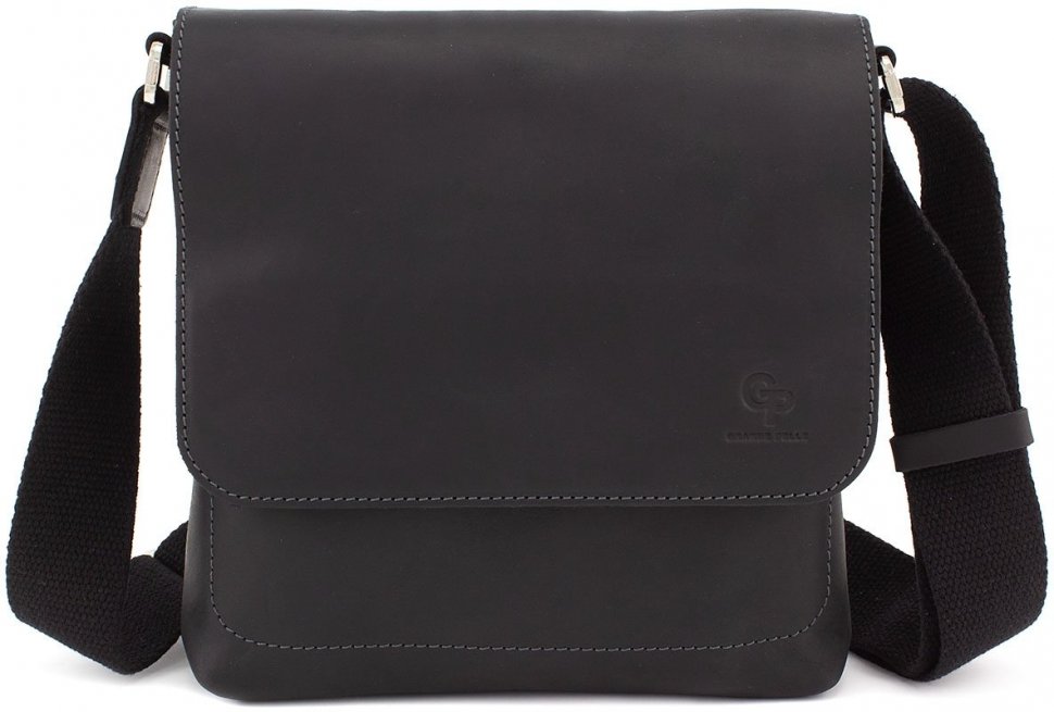 Повсякденна чоловіча сумка чорного кольору з вінтажній шкіри Grande Pelle (13283)
