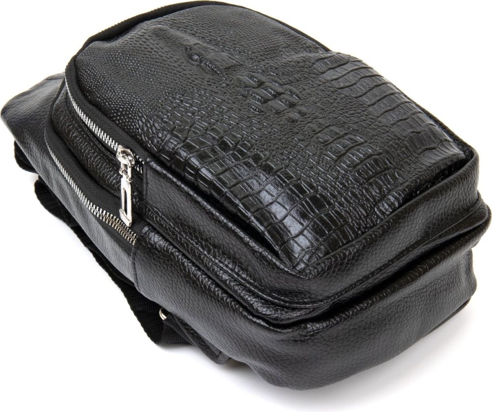 Черная мужская сумка-слинг через плечо из кожзаменителя под экзотику Vintage (20505)