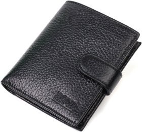 Черное компактное мужское портмоне из натуральной кожи флотар с хлястиком на кнопке BOND (2422005)