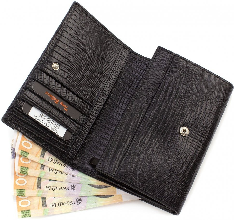 Чорний гаманець з натуральної шкіри з тисненням під змію Tony Bellucci (10754)
