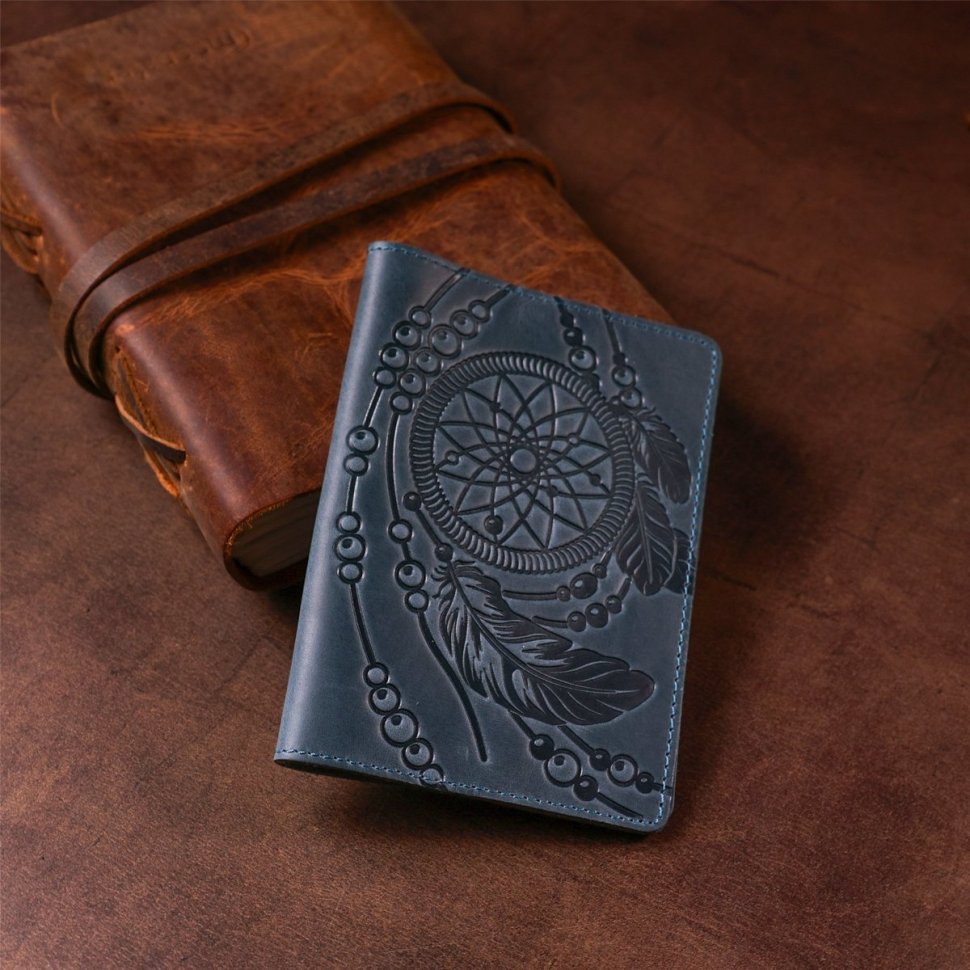 Синя обкладинка на паспорт із натуральної шкіри з малюнком SHVIGEL (2413795)