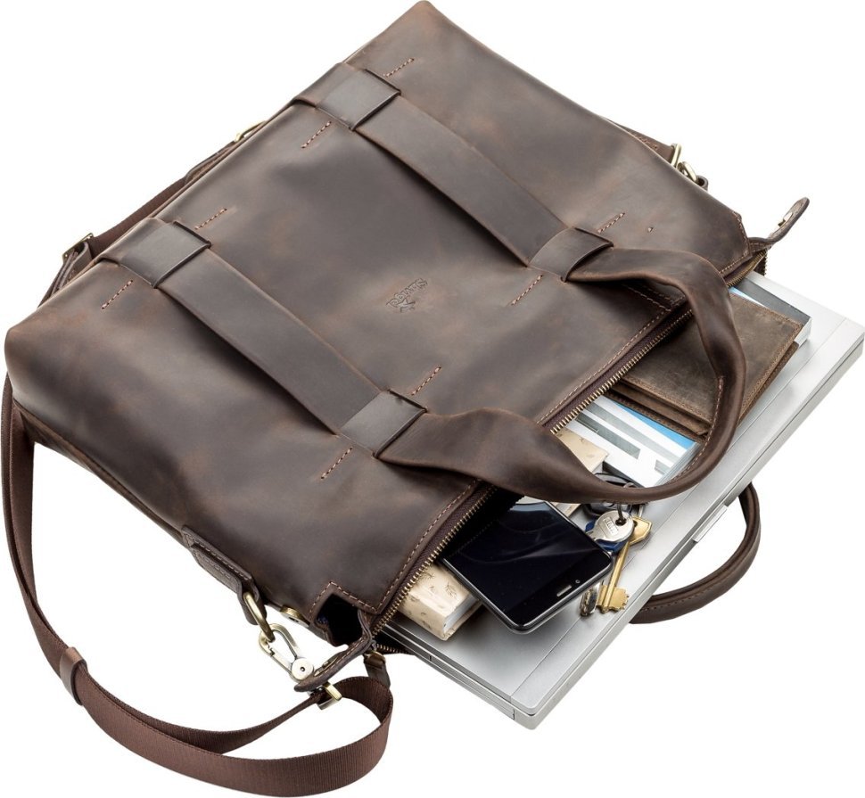Коричнева чоловіча сумка-портфель з натуральної шкіри хорс з ручками SHVIGEL (2411105)