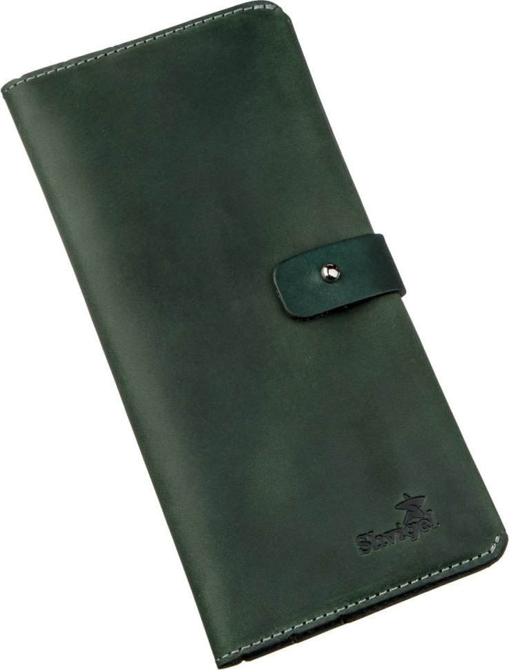Купюрник із вінтажної шкіри зеленого кольору з хлястиком SHVIGEL (2416206)