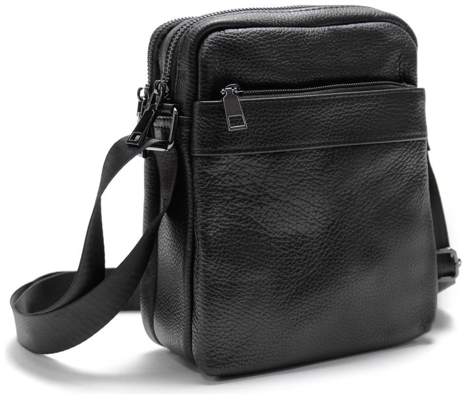 Компактная мужская сумка-планшет из натуральной кожи черного цвета на два отдела Tiding Bag 77522