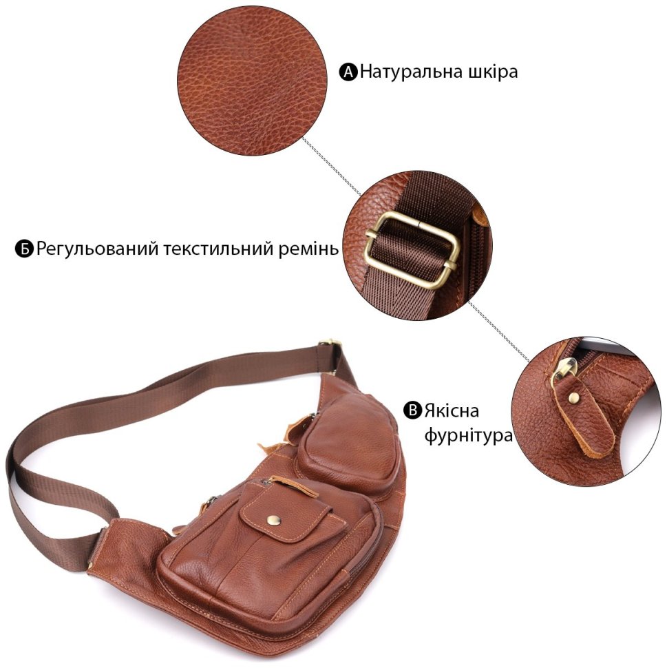 Большая мужская слинг-сумка из кожи с вместительными карманами Vintage 98122 коричневогго цвета фото №4 Большая мужская слинг-сумка из кожи с вместительными карманами Vintage 98122 коричневогго цвета modnotak фото №4