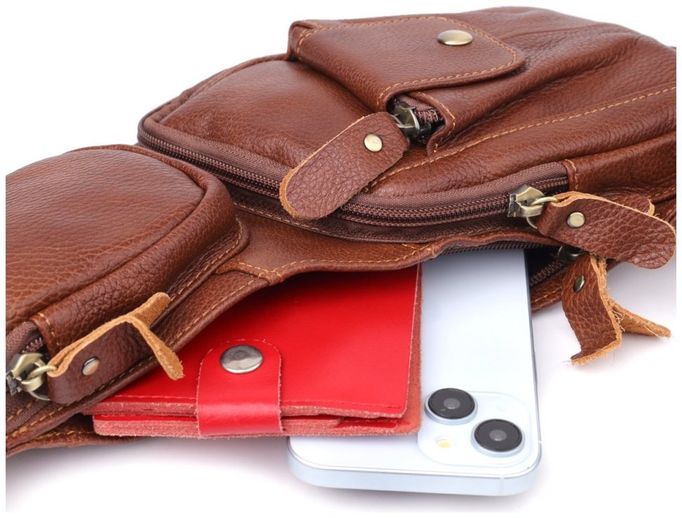 Большая мужская слинг-сумка из кожи с вместительными карманами Vintage 98122 коричневогго цвета фото №6 Большая мужская слинг-сумка из кожи с вместительными карманами Vintage 98122 коричневогго цвета modnotak фото №6