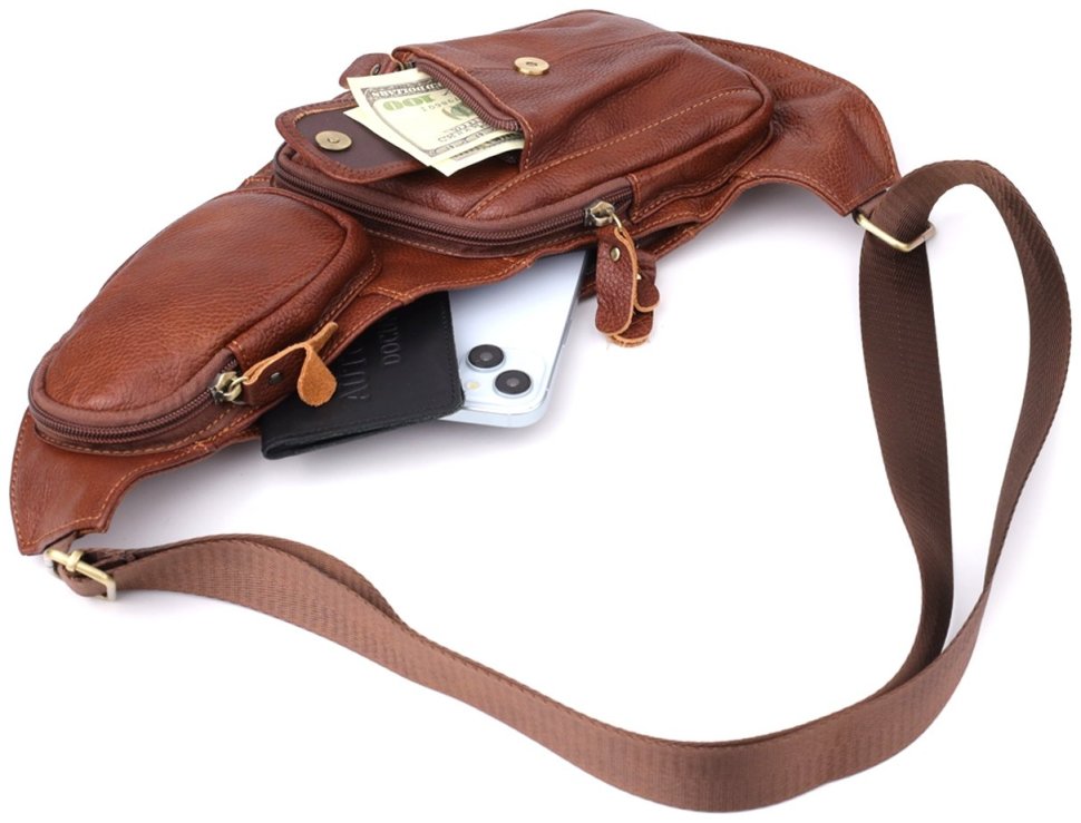 Большая мужская слинг-сумка из кожи с вместительными карманами Vintage 98122 коричневогго цвета фото №8 Большая мужская слинг-сумка из кожи с вместительными карманами Vintage 98122 коричневогго цвета modnotak фото №8