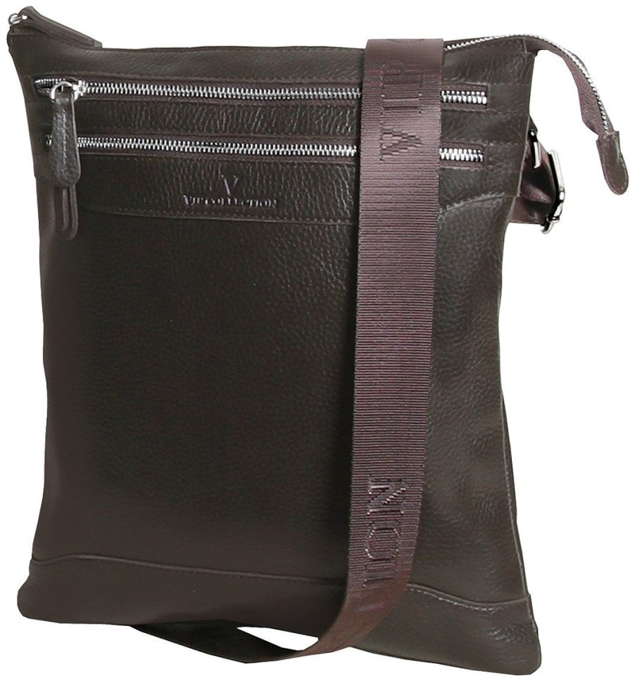 Мужская сумка планшет из фактурной коричневой кожи с текстильным ремнем Vip Collection 102623 modnotak фото №1