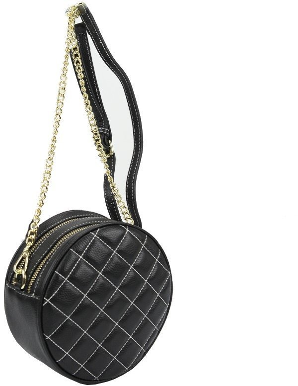 Чорна кругла жіноча сумка-кроссбоді з натуральної шкіри зі світлим рядком Riche (21555)