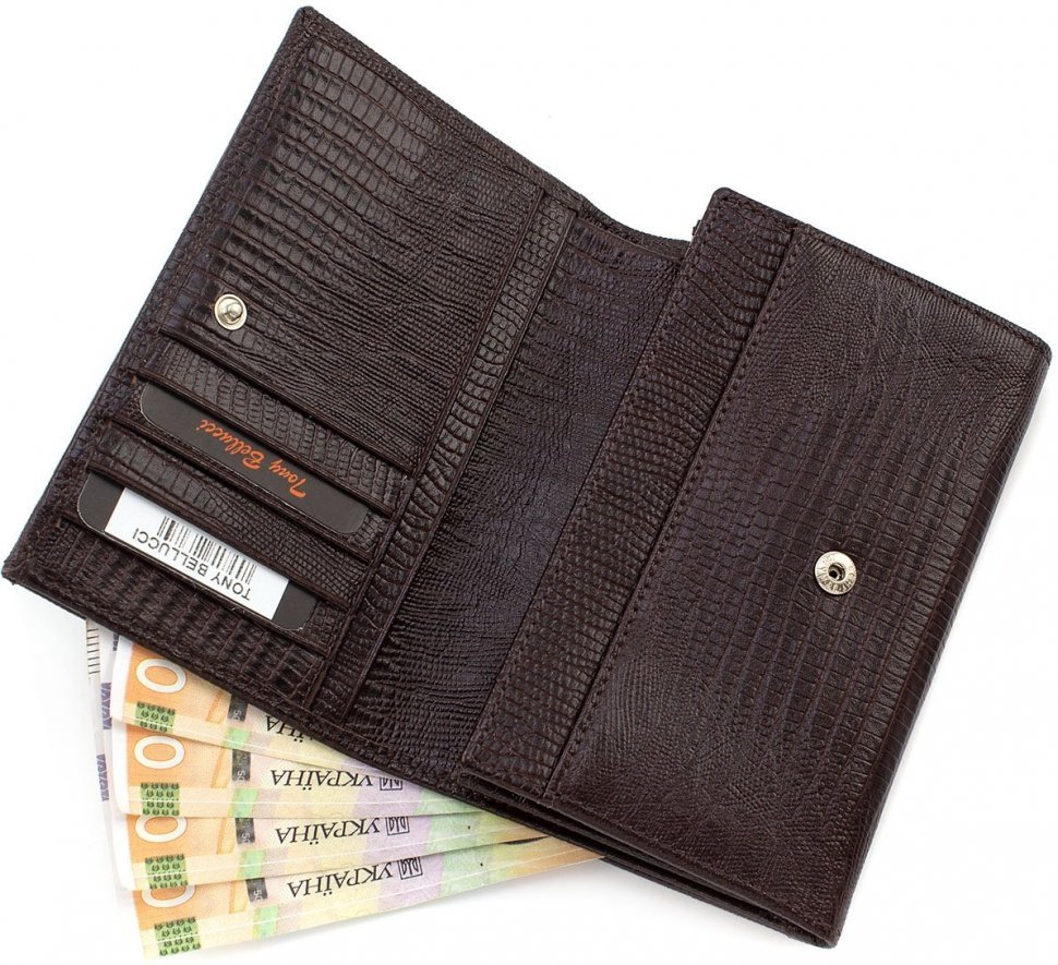 Коричневий гаманець з натуральної шкіри з тисненням під змію Tony Bellucci (10753)